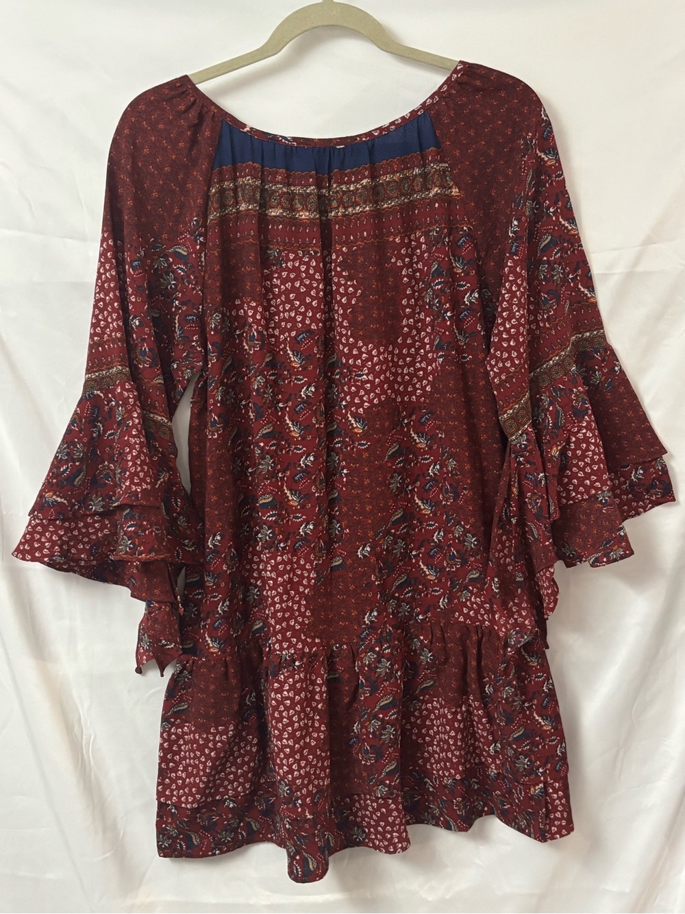 Umgee Burgundy Paisley Tiered Dress Flare Ruffle Bell Sleeve Lg Festival Peasant - Picture 6 of 8